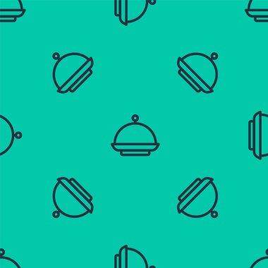 Mavi çizgi Noel, yeşil arka planda izole edilmiş yemek ikonu tepsisiyle kaplıdır. Tepsi ve kapak işareti. Mutlu Noeller ve mutlu yıllar. Vektör.