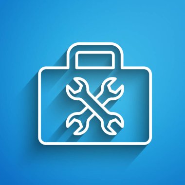 Mavi arkaplanda beyaz çizgi araç kutusu simgesi izole edildi. Alet kutusu tabelası. Uzun gölge. Vektör.