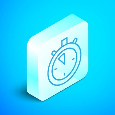 Isometric çizgi Stopwatch simgesi mavi arkaplanda izole edildi. Zaman göstergesi. Kronometre işareti. Gümüş kare düğme. Vektör.