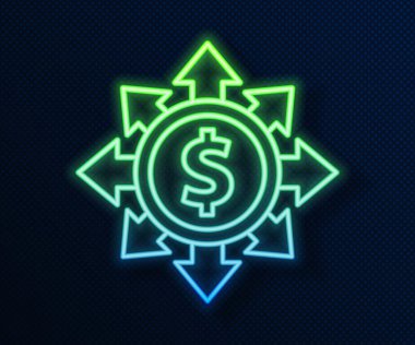 Parlayan neon hattı Dolar, paylaşım, ağ simgesi mavi arkaplanda izole edildi. Vektör.