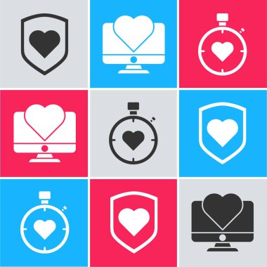 Kalbi kalkanla, bilgisayar monitörünü kalple ve kalbi kronometre simgesiyle ayarla. Vektör.