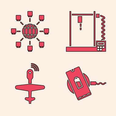 Kablosuz şarj aleti, sosyal ağ, 3D yazıcı ve insansız hava aracı simgesi ayarla. Vektör.