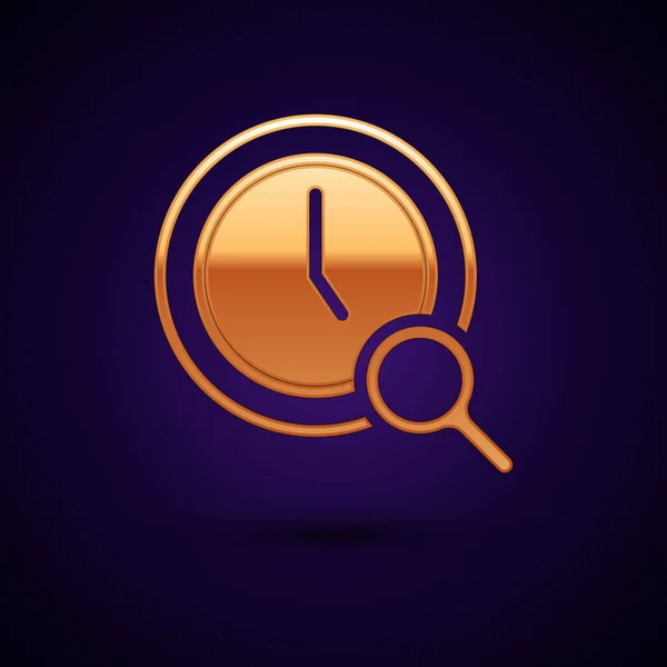 Gold Magnifying Glass Clock Icon Isolated Black Background Clock Search — Stock Vector