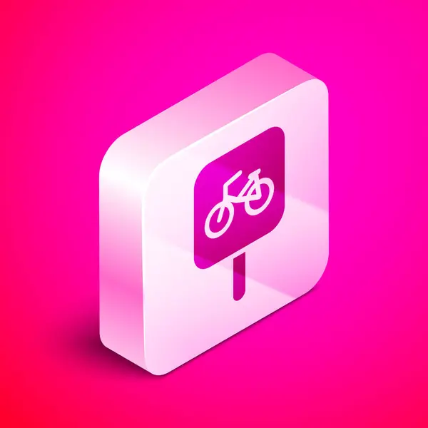 Isometric Bicycle Parking Icon Isolated Pink Background Silver Square Button — Stock Vector