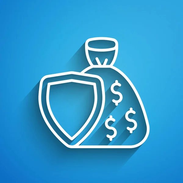 White Line Shield Money Bag Dollar Symbol Icon Isolated Blue — Stock Vector