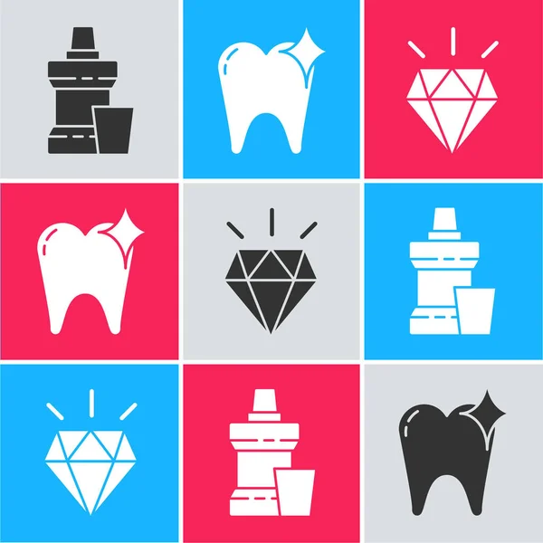 Set Mouthwash Plastic Bottle Tooth Whitening Concept Diamond Teeth Icon — Stock Vector