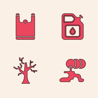 Fıçı yağı sızıntısı, plastik torba benzin için teneke kutu ve solmuş ağaç ikonu. Vektör.