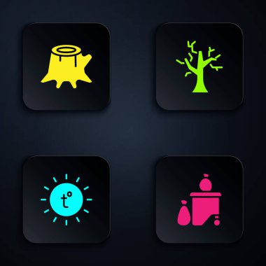 Tam çöp kovası, ağaç kütüğü, güneş ve solmuş ağaç. Siyah kare düğme. Vektör.