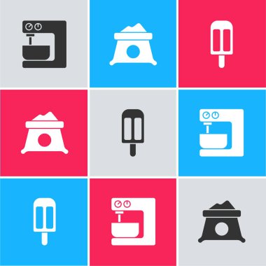 Elektrik mikseri, un torbası ve dondurma ikonu hazırla. Vektör.