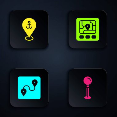 Push pimi, çapalı konum, güzergah konumu ve GPS aygıtı haritası ayarla. Siyah kare düğme. Vektör.