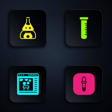 Pipette 'i, deney tüpünü, kimyasalları ve diğer şeyleri ateşe verin. Siyah kare düğme. Vektör.