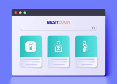 Zehri şişeye, deney tüpüne, mataraya ve ikona koyun. Vektör.