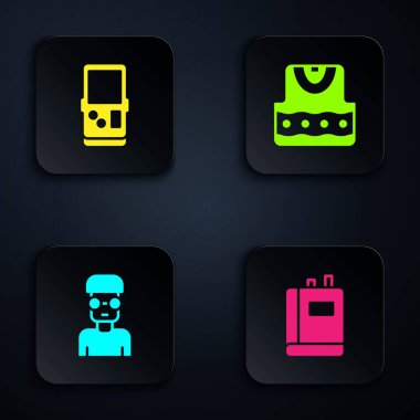 Set Kitabı, Tetris, İnek İneği ve Yelek. Siyah kare düğme. Vektör.