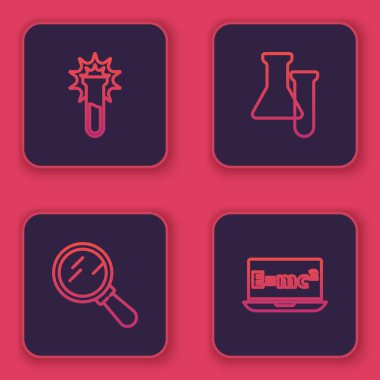 Test tüpü ve matara, büyüteç ve denklem çözeltisi ayarlayın. Mavi kare düğme. Vektör.