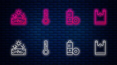 Meteoroloji termometresi, pil, kuraklık ve plastik torba ayarlayın. Tuğla duvarda parlayan neon simgesi. Vektör.