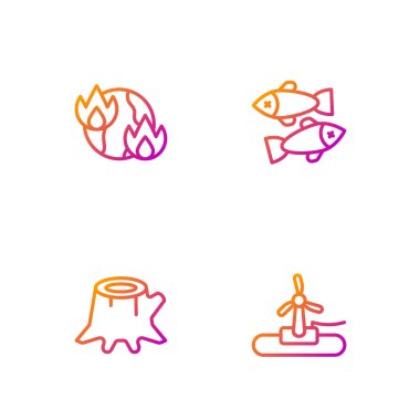 Rüzgar türbini, ağaç kütüğü, küresel ısınma ateşi ve ölü balık hattı. Renk simgeleri. Vektör.