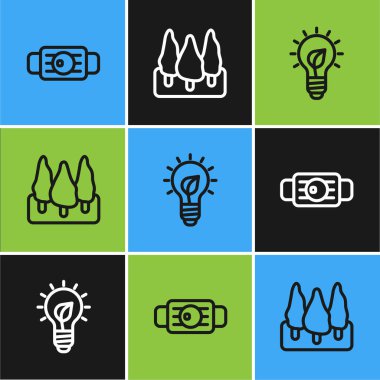 Tıbbi koruyucu maske, yaprak ve orman ikonlu ampul ayarlayın. Vektör.