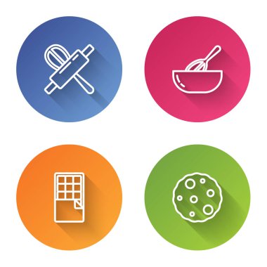 Kitchen çırpma ve yuvarlama iğnesi, kase, çikolata, kurabiye ya da bisküvi. Renkli daire düğmesi. Vektör.