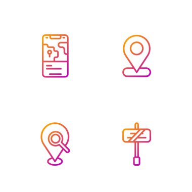 Hat trafik işaretini, arama yerini, şehir haritasını ve konumunu ayarlayın. Renk simgeleri. Vektör.