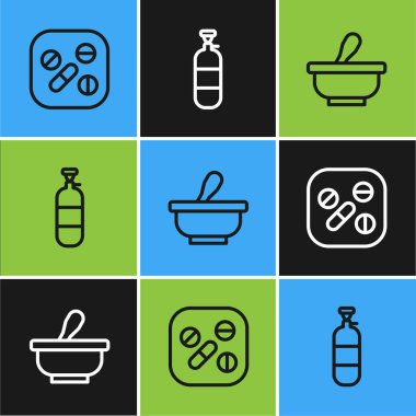 İlaç hapı ya da tablet, havan topu, tokmak ve propan benzin deposu ikonu hazırlayın. Vektör.