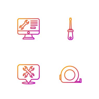 Hat Rulet inşaatı, ingiliz anahtarlı konum, bilgisayar monitör servisi ve tornavida. Renk simgeleri. Vektör.