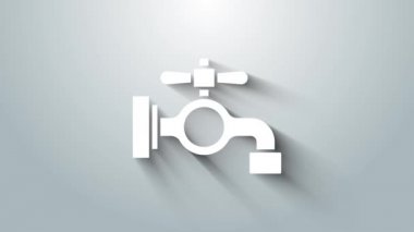Gri arkaplanda beyaz su musluğu simgesi izole edildi. 4K Video hareketli grafik canlandırması