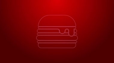 Yeşil çizgi Burger simgesi kırmızı arkaplanda izole edildi. Hamburger ikonu. Çizburger sandviç tabelası. Fast food menüsü. 4K Video hareketli grafik canlandırması