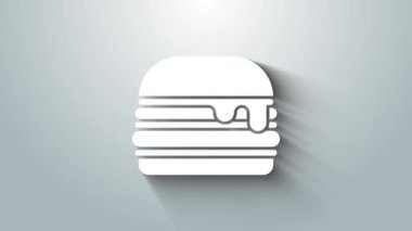 Beyaz Burger simgesi gri arkaplanda izole edildi. Hamburger ikonu. Çizburger sandviç tabelası. Fast food menüsü. 4K Video hareketli grafik canlandırması