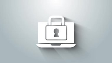 Beyaz dizüstü bilgisayar ve kilit simgesi gri arkaplanda izole edildi. Bilgisayar ve asma kilit. Güvenlik, güvenlik, koruma kavramı. Güvenli bir ağ. 4K Video hareketli grafik canlandırması