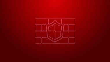 Siber güvenlik duvarı simgesine sahip yeşil çizgi kalkanı kırmızı arka planda izole edildi. Veri koruma sembolü. Güvenlik duvarı. Ağ koruması. 4K Video hareketli grafik canlandırması