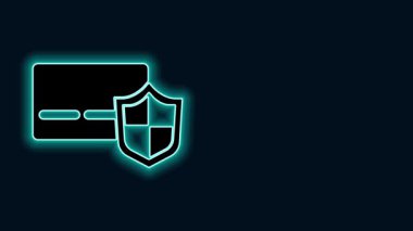 Siyah arkaplanda kalkan simgesi olan parlak neon çizgili kredi kartı. Çevrimiçi ödeme. Nakit çekilmesi. Finansal operasyonlar. Alışveriş tabelası. 4K Video hareketli grafik canlandırması