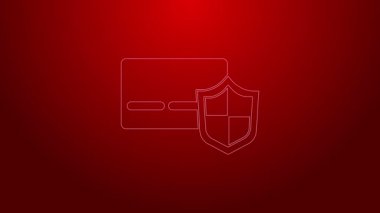 Kırmızı arkaplanda kalkan simgesi olan yeşil çizgi kredi kartı. Çevrimiçi ödeme. Nakit çekilmesi. Finansal operasyonlar. Alışveriş tabelası. 4K Video hareketli grafik canlandırması