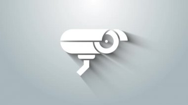 Gri arkaplanda beyaz güvenlik kamerası simgesi izole edildi. 4K Video hareketli grafik canlandırması