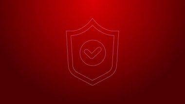 Yeşil çizgi kalkanı ve kırmızı arkaplanda işaret simgesi izole edildi. Koruma sembolü. Güvenlik kontrolü Simge. Kene izi onaylı simge. 4K Video hareketli grafik canlandırması