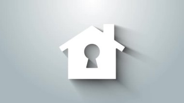 Beyaz Saray koruma altında, gri arka planda izole edilmiş bir ikon. Ev ve kalkan. Koruma, güvenlik, güvenlik, koruma, savunma konsepti. 4K Video hareketli grafik canlandırması