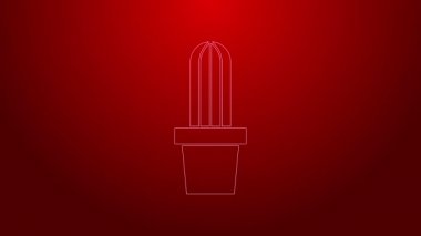 Yeşil çizgi kaktüs kaktüsü kırmızı arka planda izole edilmiş bir çömlek simgesi. Tencerede yetişen bir bitki. Saksı bitkisi işareti. 4K Video hareketli grafik canlandırması