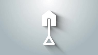 Beyaz Kürek simgesi gri arkaplanda izole edildi. Bahçe aletleri. Bahçecilik, tarım, çiftçilik aleti. 4K Video hareketli grafik canlandırması