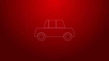 Kırmızı arkaplanda yeşil çizgi araba simgesi izole edildi. Ön manzara. 4K Video hareketli grafik canlandırması