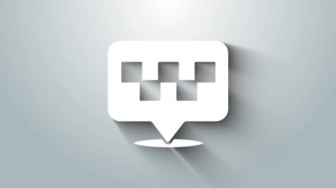 Gri arkaplanda taksi simgesi olan beyaz harita işaretçisi. Konum sembolü. 4K Video hareketli grafik canlandırması