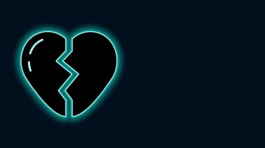 Parlayan neon hattı. Kırık kalp ya da boşanma ikonu. Siyah arka planda izole edilmiş. Aşk sembolü. Sevgililer Günü. 4K Video hareketli grafik canlandırması