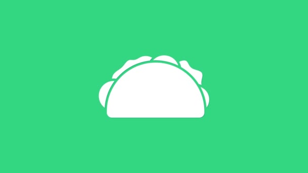 Белый Taco со значком тортильи на зеленом фоне. Традиционное мексиканское меню быстрого питания. Видеографическая анимация 4K — стоковое видео