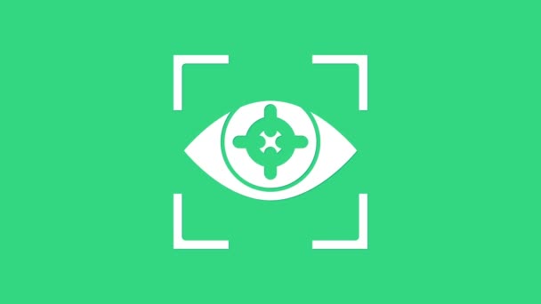 Beyaz Göz tarama simgesi yeşil arkaplanda izole edildi. Göz taraması yapılıyor. Güvenlik kontrol sembolü. Siber göz işareti. 4K Video hareketli grafik canlandırması — Stok video