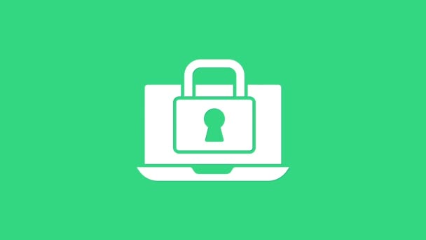 White Laptop and lock icon isolated on green background. Computer and padlock. Security, safety, protection concept. Safe internetwork. 4K Video motion graphic animation — Stock Video