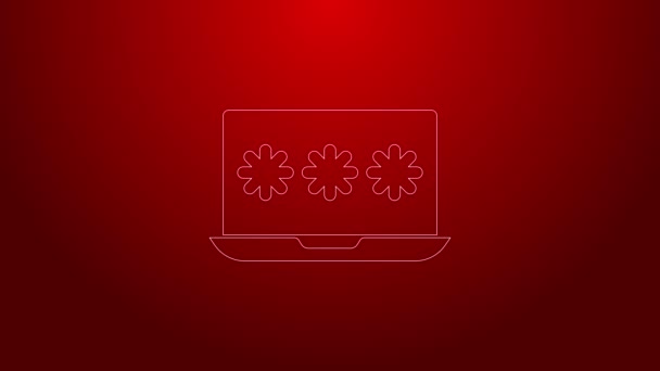 Línea verde Laptop con el icono de notificación de contraseña aislado en el fondo rojo. Seguridad, acceso personal, autorización de usuario, formulario de acceso. Animación gráfica de vídeo 4K — Vídeo de stock