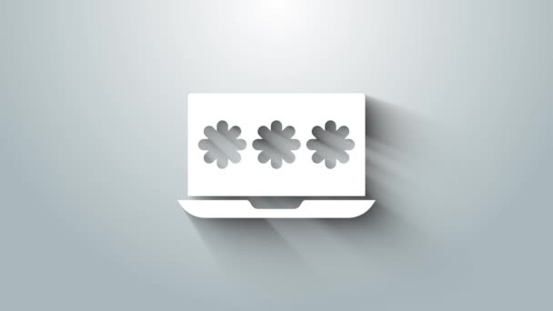 Laptop Putih dengan ikon pemberitahuan sandi diisolasi pada latar belakang abu-abu. Keamanan, akses pribadi, otorisasi pengguna, formulir login. Animasi grafis gerak Video 4K — Stok Video