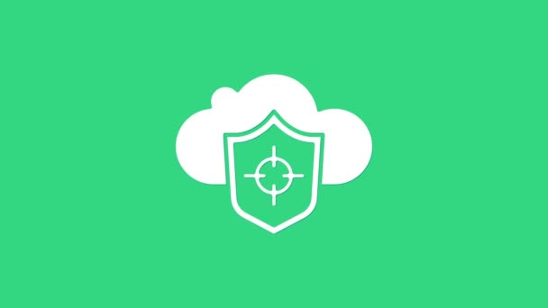Ikona Bílý mrak a štít izolované na zeleném pozadí. Ochrana dat cloudového úložiště. Zabezpečení, bezpečnost, ochrana, ochrana soukromí. Grafická animace pohybu videa 4K — Stock video