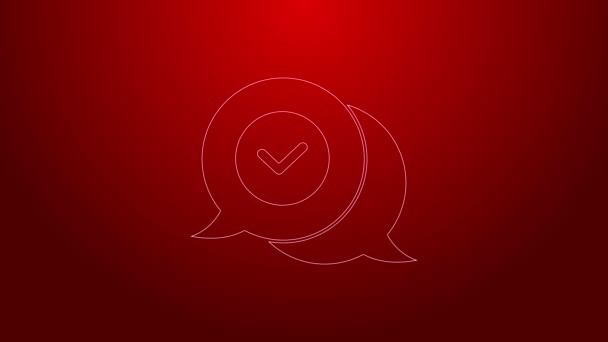 Green line Check mark in speech bubble icon isolated on red background. Security, safety, protection, privacy concept. Tick mark approved. 4K Video motion graphic animation — Stock Video
