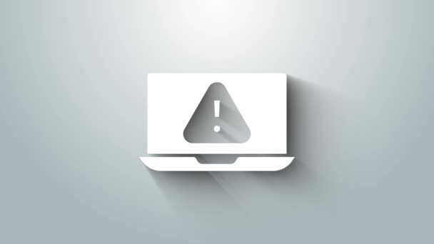 Laptop putih dengan ikon tanda seru terisolasi pada latar belakang abu-abu. Peringatkan pesan notifikasi smartphone. Animasi grafis gerak Video 4K — Stok Video
