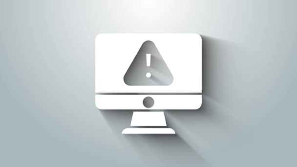 Fehér Számítógép monitor felkiáltójel ikon elszigetelt szürke háttér. Riasztási üzenet okostelefon értesítés. 4K Videó mozgás grafikus animáció — Stock videók