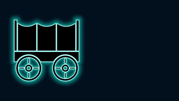 Línea de neón brillante Icono de vagón cubierto del salvaje oeste aislado sobre fondo negro. Animación gráfica de vídeo 4K — Vídeo de stock